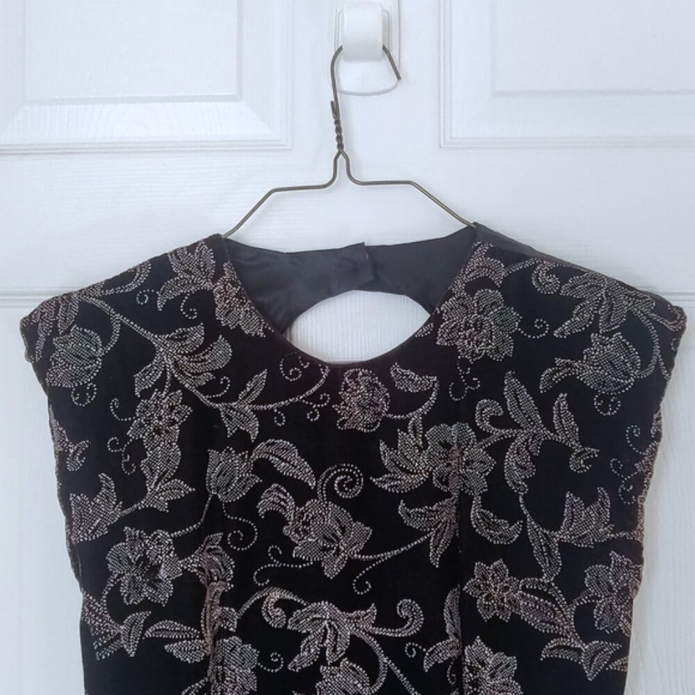 Vintage 1980s velvet satin cocktail dress LBD asymmetrical hem ruffle bow S - Picture 4 of 6